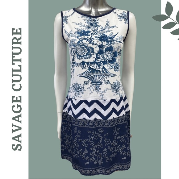 Savage Culture Sleeveless Summer Dress Blue White Mixed Pattern Size Medium - Picture 1 of 10